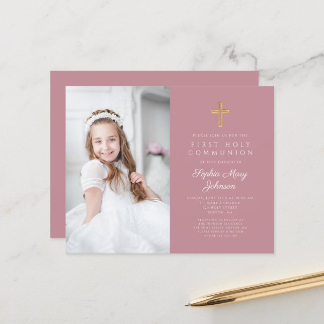 Budget Girl Pink Cross Photo First Communion  (Front/Back In Situ)
