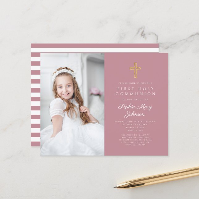 Budget Girl Pink Stripes Photo First Communion  (Front/Back In Situ)