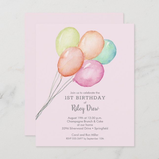 Budget Girl's 1st Birthday Invitations (Front/Back)