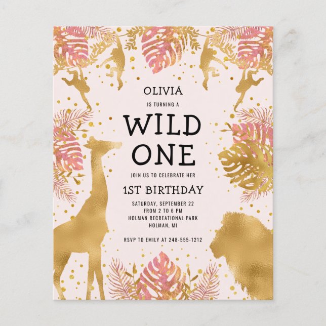 Budget Girls 1st Birthday Pink Gold Safari Invite (Front)