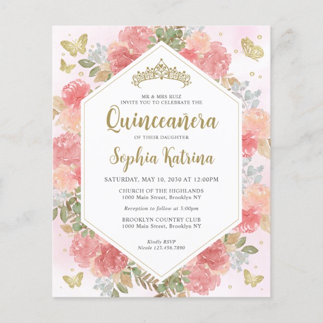 Budget Girly Blush Pink Floral Gold Quinceañera (Front)
