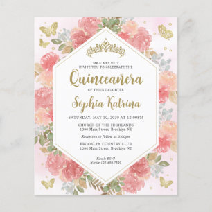 Budget Girly Blush Pink Floral Gold Quinceañera