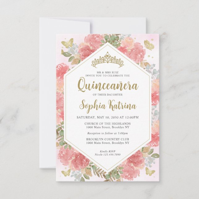Budget Girly Blush Pink Floral Gold Quinceañera Card (Front)