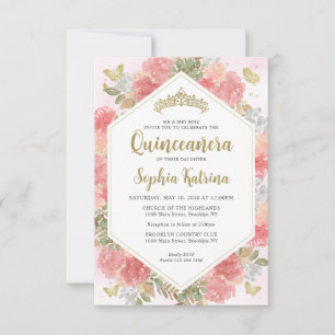 Budget Girly Blush Pink Floral Gold Quinceañera Card
