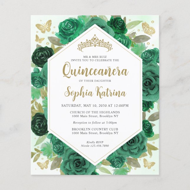 Budget Girly Emerald Green Floral Gold Quinceañera (Front)