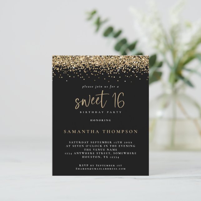 Budget Girly Gold Glitter Sweet 16 Black Invite (Standing Front)