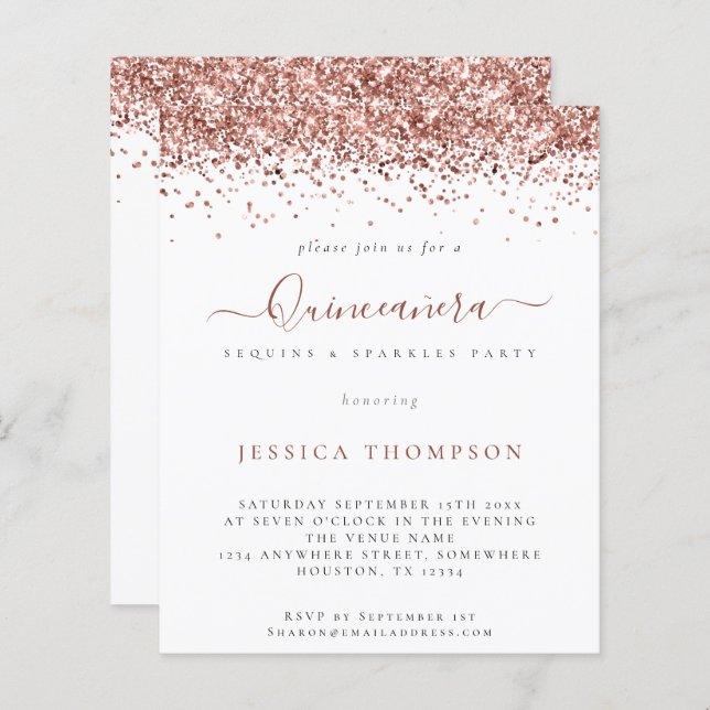 Budget Girly Rose Gold Glitter Quinceañera Invite (Front/Back)