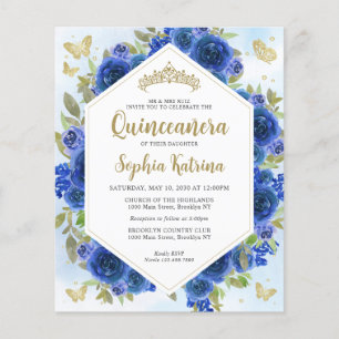 Budget Girly Royal Blue Floral Gold Quinceañera