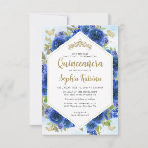Budget Girly Royal Blue Floral Gold Quinceañera Card