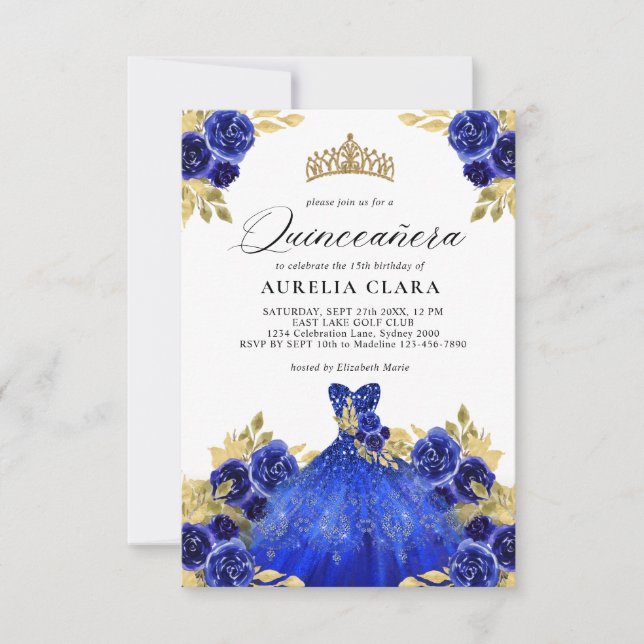BUDGET Glam Blue Dress Floral 15th Quinceañera Card (Front)