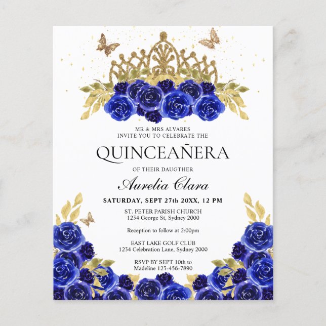 Budget Glam Blue Floral Gold Tiara Quinceanera (Front)