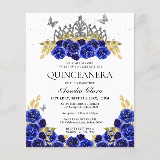 Budget Glam Blue Floral Silver Tiara Quinceanera (Front)