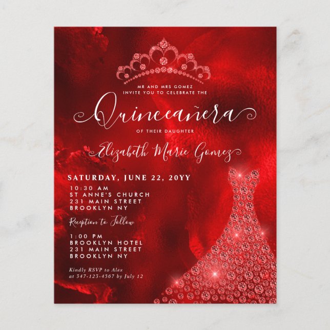 Budget Glam Burgundy Red Diamond Tiara Quinceanera (Front)