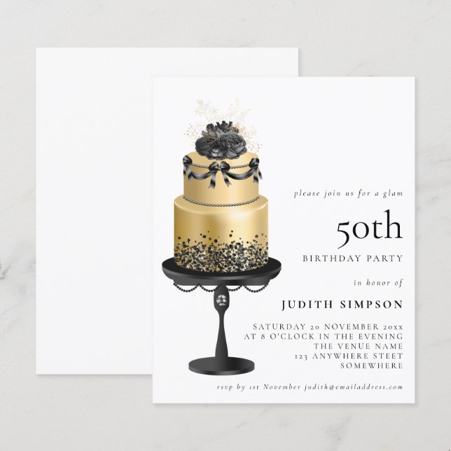 Budget Glam Cake Florals Gold Black 50th Invite (Front/Back)
