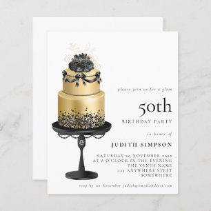 Budget Glam Cake Florals Gold Black 50th Invite