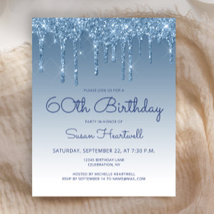 Budget Glam Glitter Blue 60th Birthday Invitation