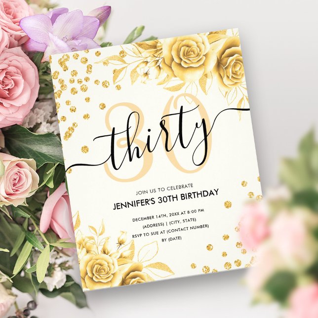 Budget Glam Gold Floral Glitter 30th Birthday  Flyer (Budget Glam Gold Floral Glitter 30th Birthday Flyer)