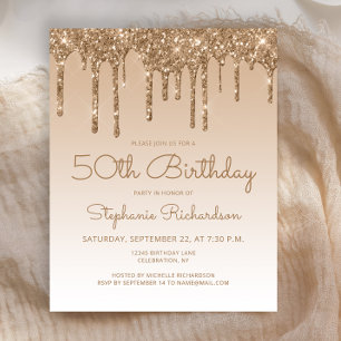 Budget Glam Gold Glitter 50th Birthday Invitation