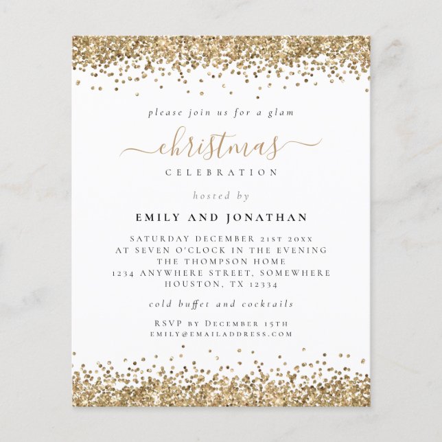 Budget Glam Gold Glitter Christmas Party Invite (Front)