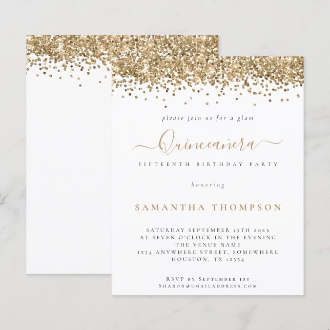 Budget Glam Gold Glitter Quinceañera Invitation (Front/Back)