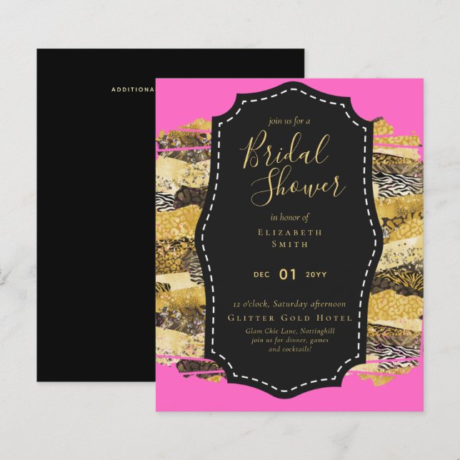 Budget Glam Gold Pink Bridal Shower Invite Animal (Front/Back)