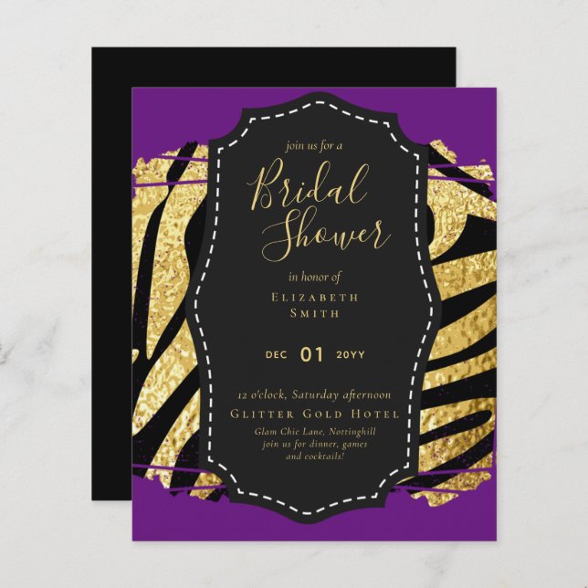 Budget Glam Gold Purple Bridal Shower Invite (Front/Back)