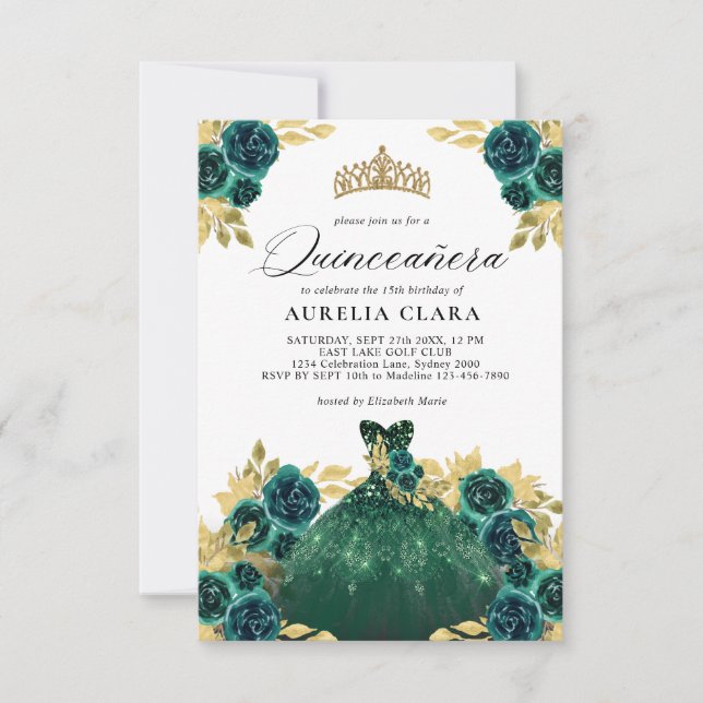BUDGET Glam Green Dress Floral 15th Quinceañera Card (Front)