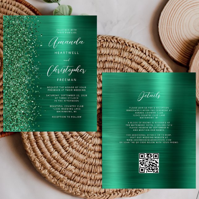Budget Glam Green QR Code Wedding Invitation (Creator Uploaded)