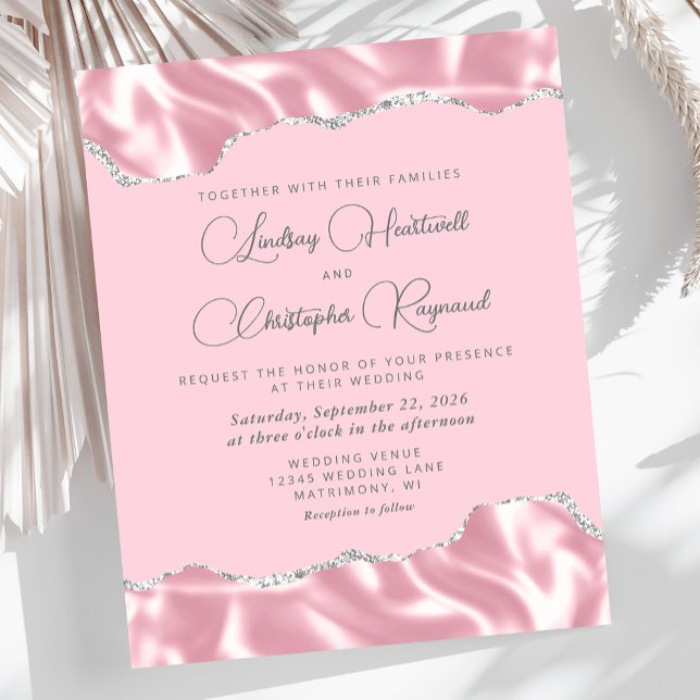 Budget Glam Pink Satin Silver Wedding Invite (Creator Uploaded)