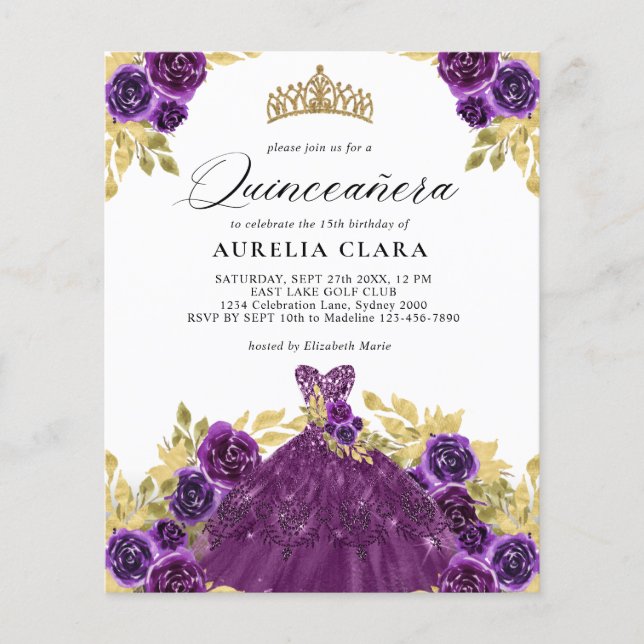 BUDGET Glam Purple Dress Floral 15th Quinceañera (Front)