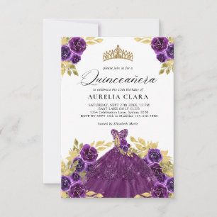 BUDGET Glam Purple Dress Floral 15th Quinceañera Card
