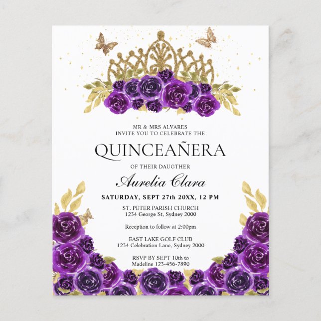 BUDGET Glam Purple Floral Gold Tiara Quinceanera (Front)