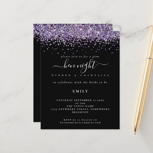 Budget Glam Purple Glitter Hen Night Black Invite (Front/Back In Situ)
