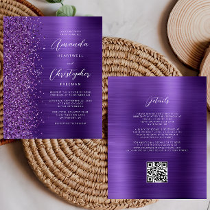 Budget Glam Purple QR Code Wedding Invitation