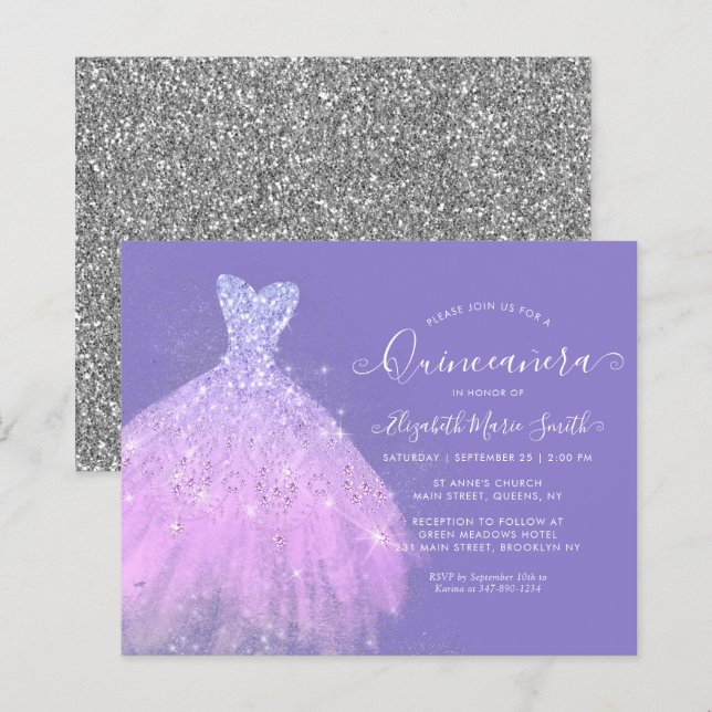Budget Glam Purple Silver Glitter Gown Quinceanera (Front/Back)