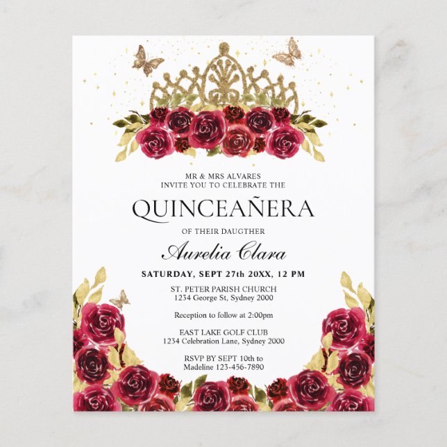 BUDGET Glam Red Floral Gold Tiara Quinceanera (Front)