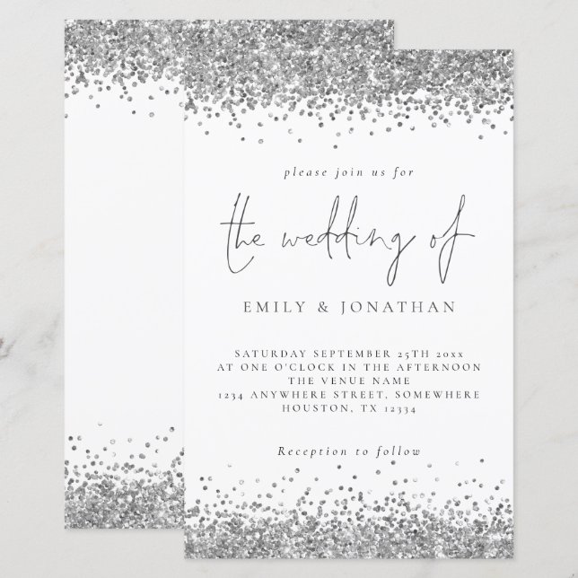 Budget Glam Silver Glitter Wedding Invitation (Front/Back)