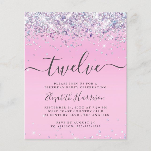 Budget Glitter 12th Birthday Party Invitation (Front)