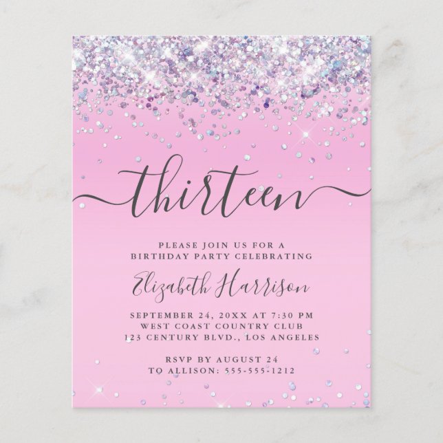Budget Glitter 13th Birthday Party Invitation (Front)