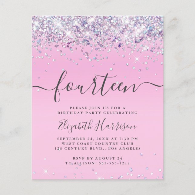 Budget Glitter 14th Birthday Party Invitation (Front)
