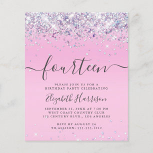 Budget Glitter 14th Birthday Party Invitation
