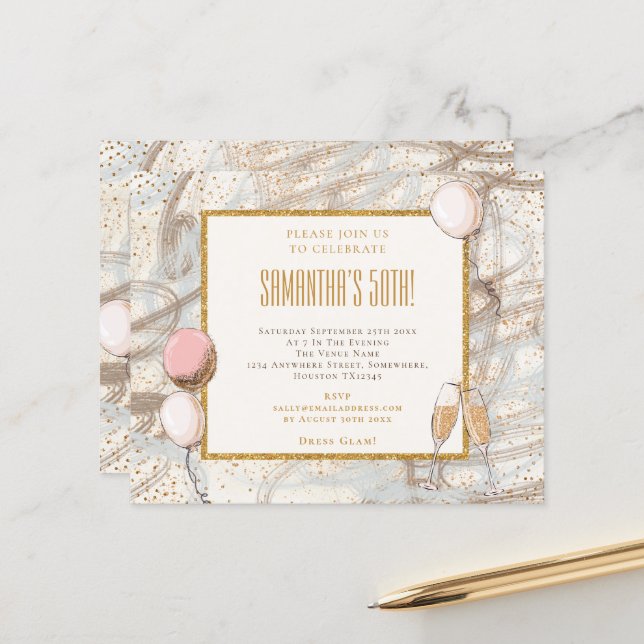 Budget Glitter 50th Party Birthday Invitation (Front/Back In Situ)