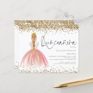Budget Glitter Blonde Pink Gown Quinceanera Invite