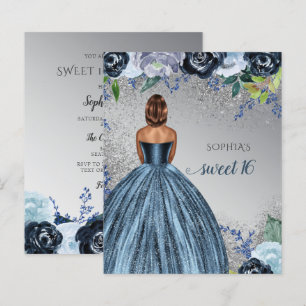 Budget Glitter Blue Dress Sweet 16 invitation