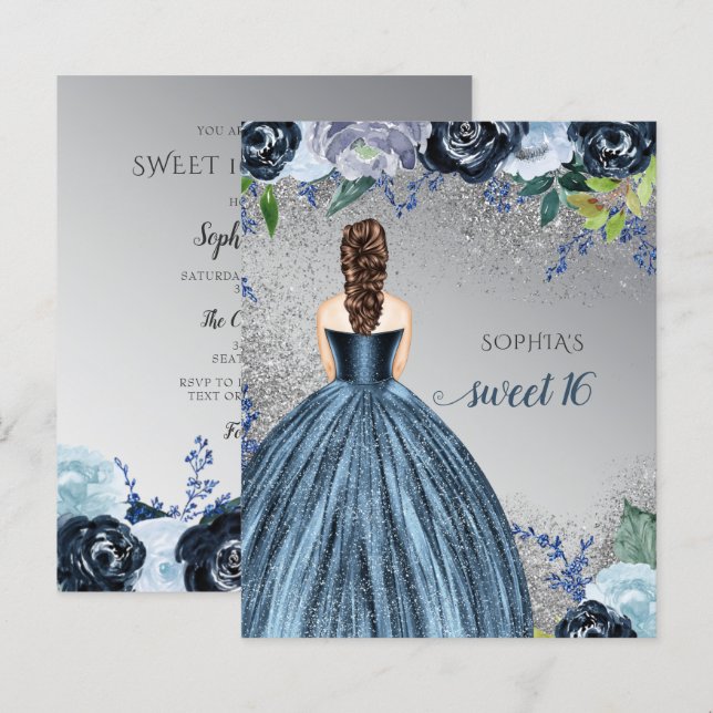 Budget Glitter Blue Dress Sweet 16 Invitation (Front/Back)