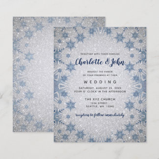 Budget Glitter Blue Snowflakes Wedding invitation