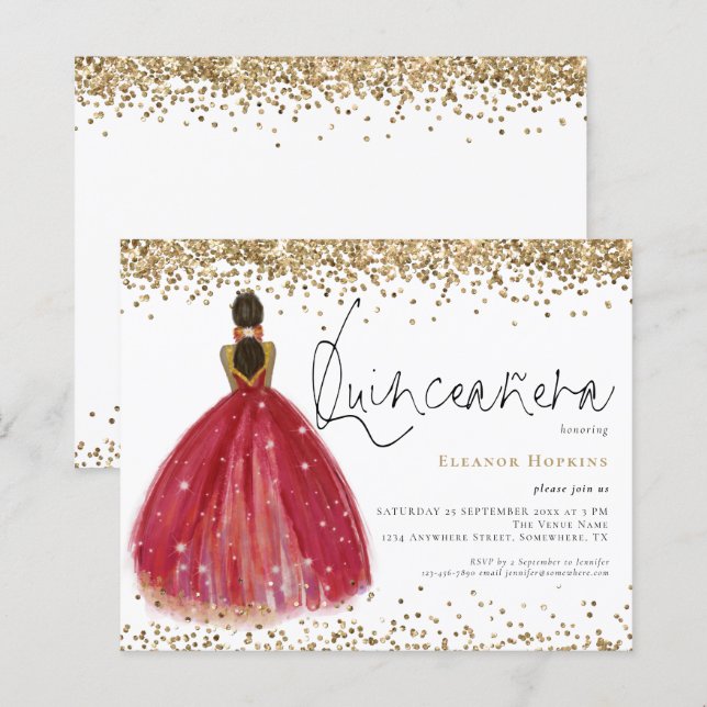 Budget Glitter Burgundy Dress Quinceanera Invite (Front/Back)
