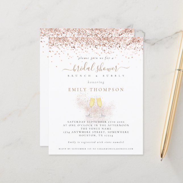 Budget Glitter Champagne Bridal Shower Invitation (Front/Back In Situ)