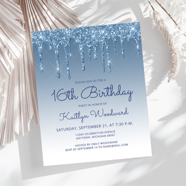 Budget Glitter Drip Blue 16th Birthday Invitation (Creator Uploaded)