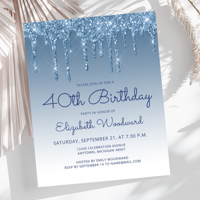 Budget Glitter Drip Blue 40th Birthday Invitation (Creator Uploaded)